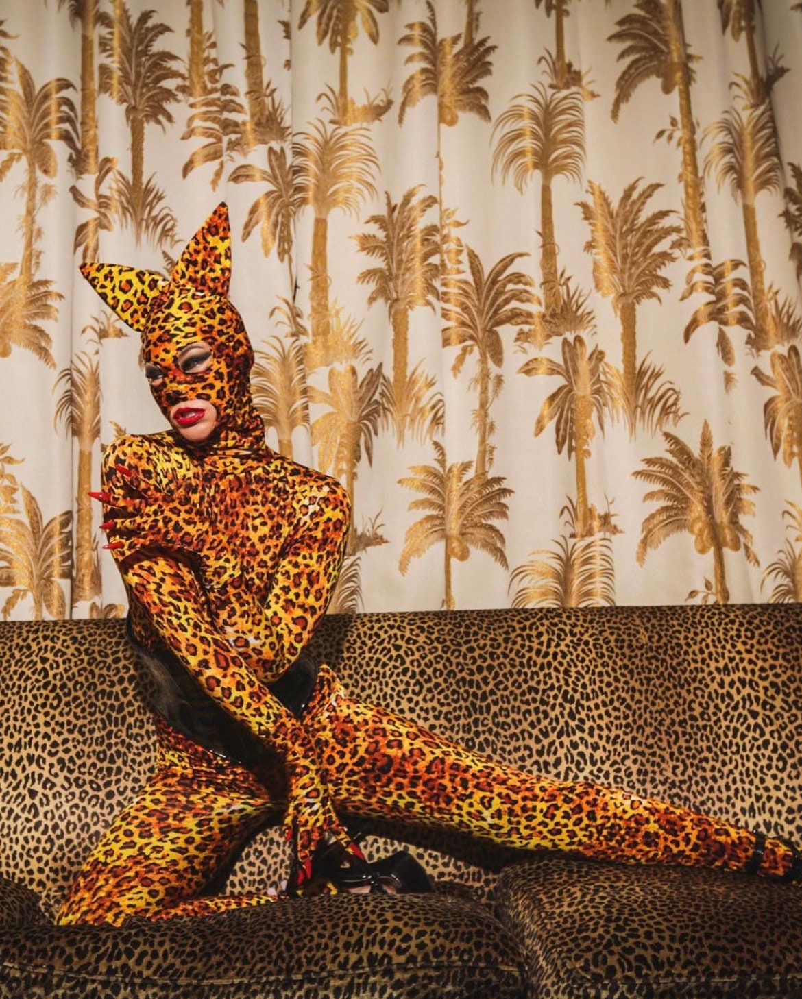 Cheetah Print Full Body Costume, Includes Headpiece with Cat Ears, Gloves, Socks