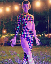 Multicolor Harlequin Catsuit, Spandex Jumpsuit, Asymmetric Design, Cut-outs