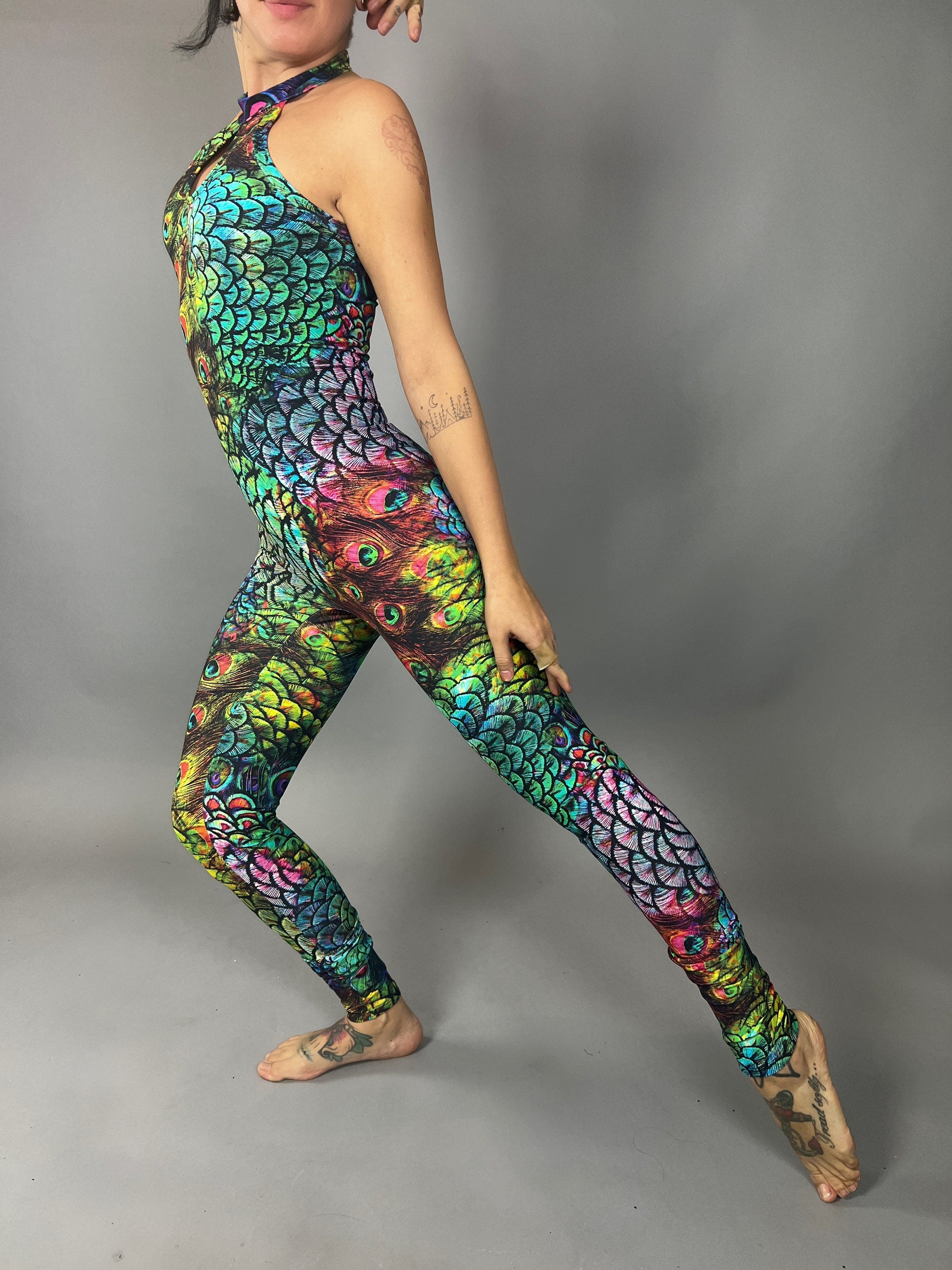 Colorful Peacock Catsuit, Beautiful Spandex Jumpsuit, Festival Fashion, Gymnastic Unitard, Trending Now, Exotic Dance Wear