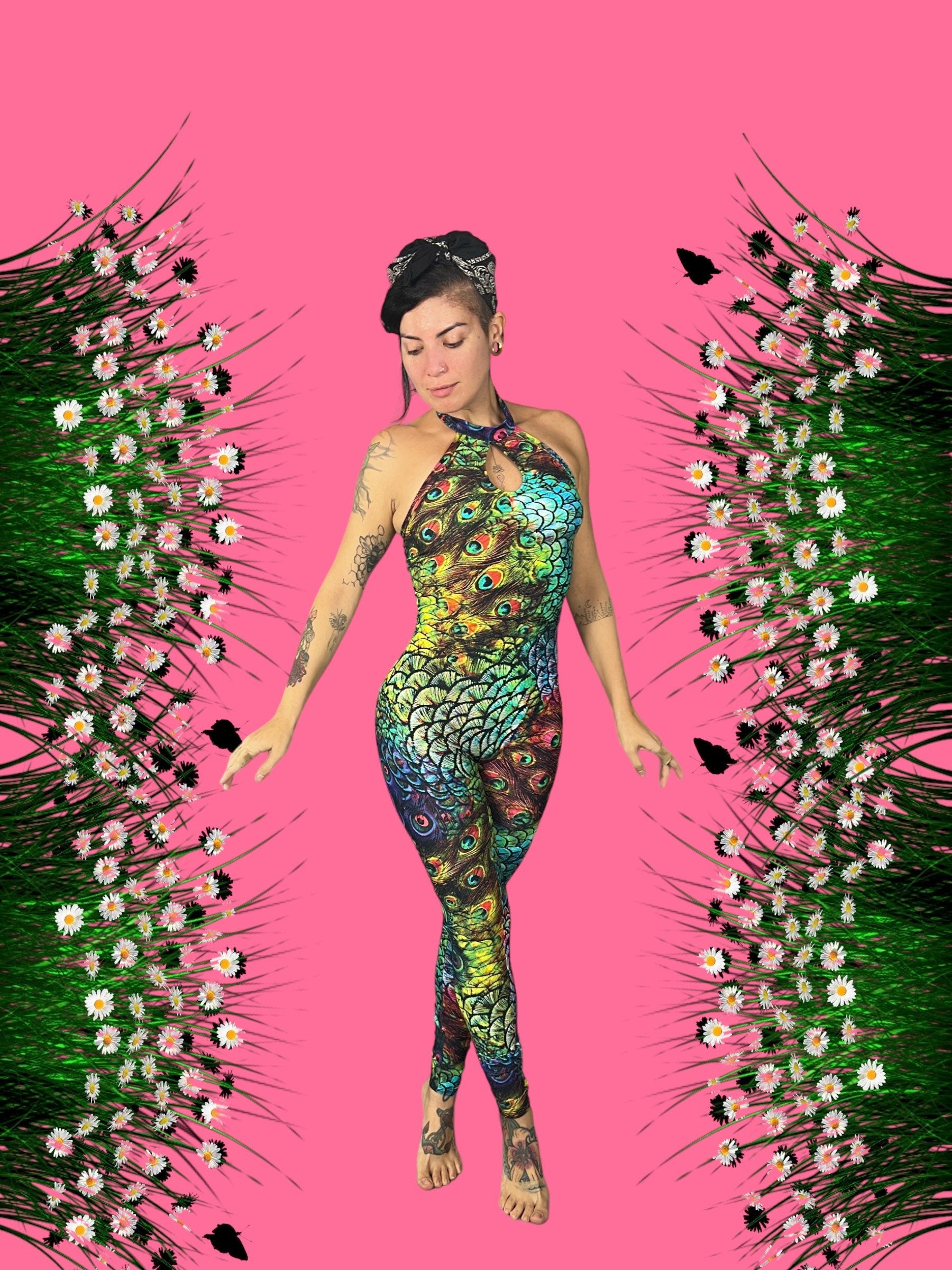 Colorful Peacock Catsuit, Beautiful Spandex Jumpsuit, Festival Fashion, Gymnastic Unitard, Trending Now, Exotic Dance Wear