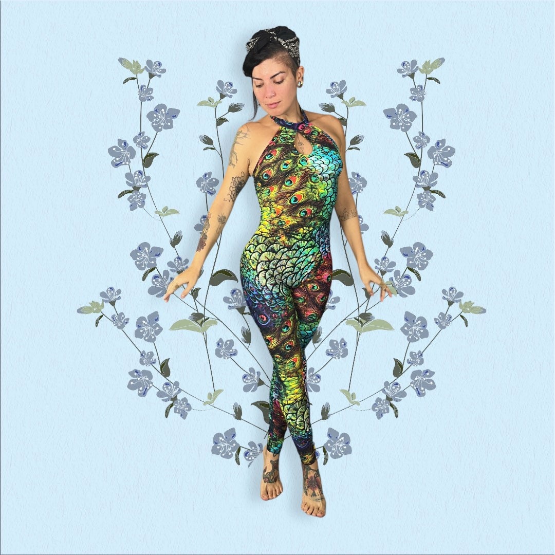 Colorful Peacock Catsuit, Beautiful Spandex Jumpsuit, Festival Fashion, Gymnastic Unitard, Trending Now, Exotic Dance Wear