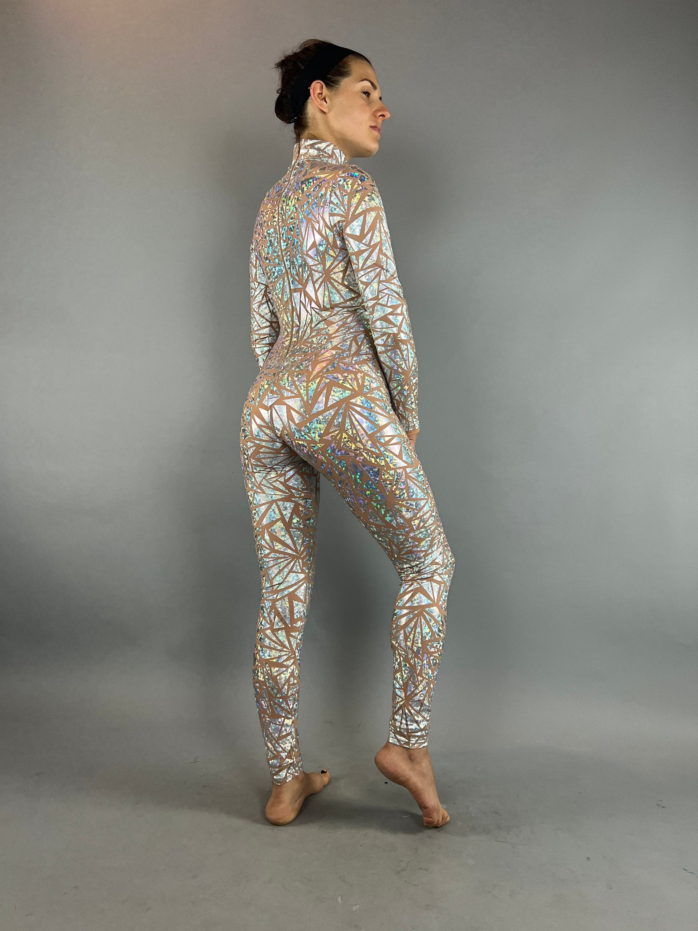 Silver Rhinestone Triangle Catsuit Costume, Shiny Bodysuit, Full Sleeves, Turtleneck