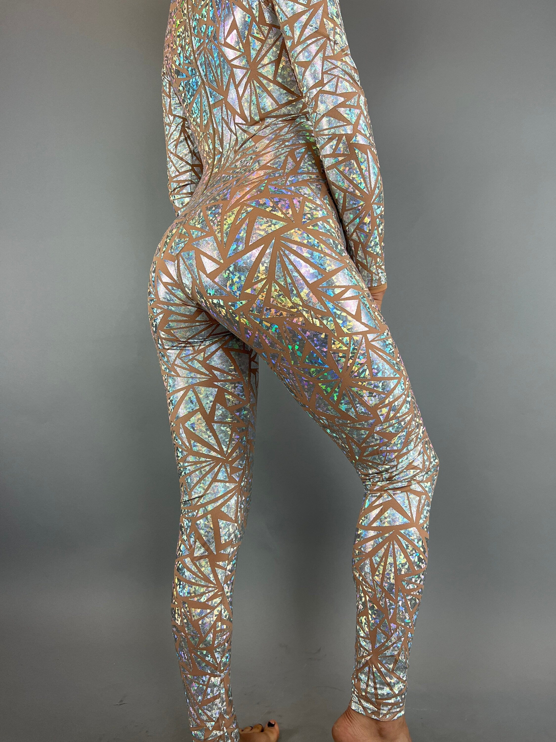Silver Rhinestone Triangle Catsuit Costume, Shiny Bodysuit, Full Sleeves, Turtleneck