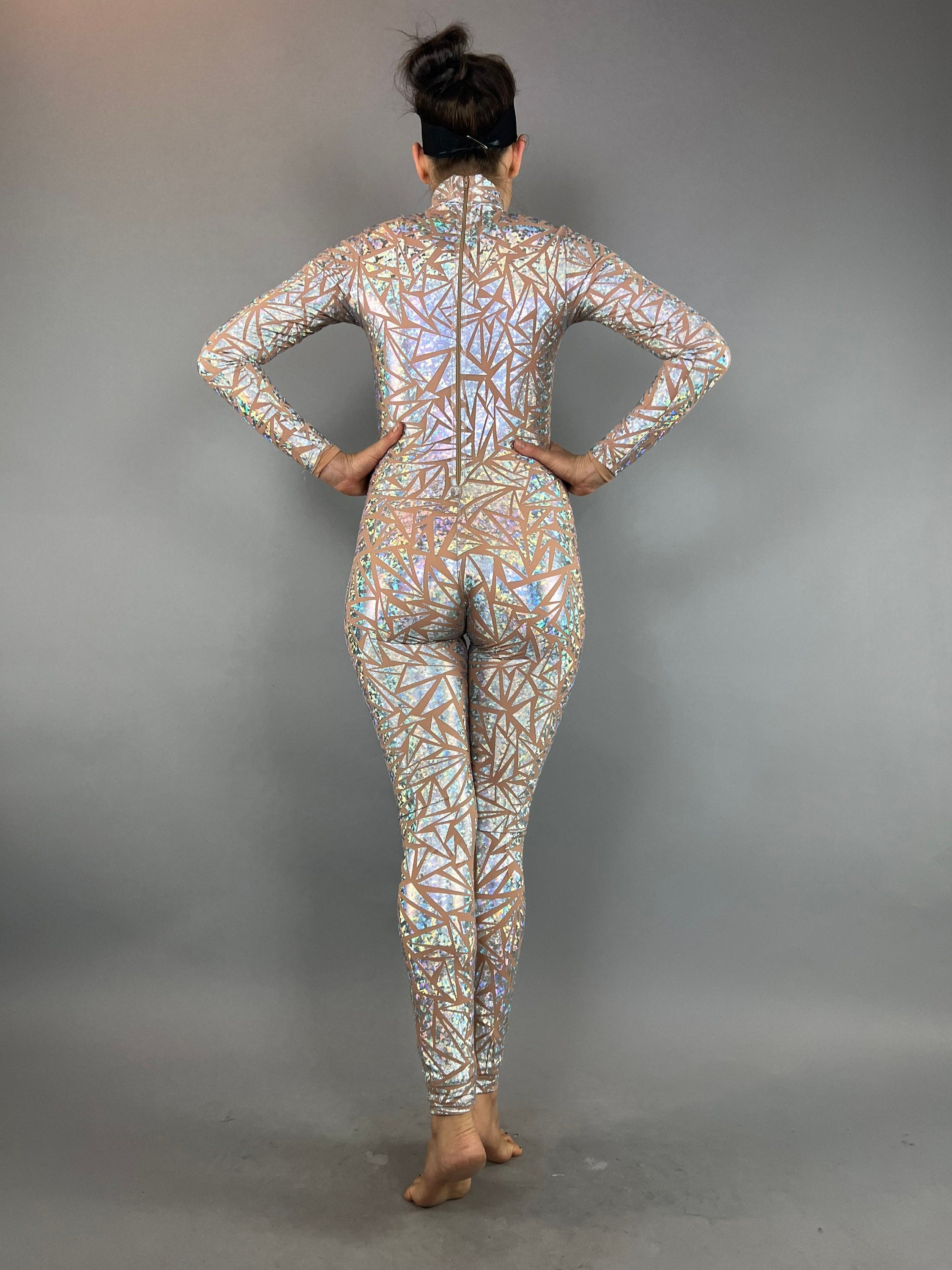 Silver Rhinestone Triangle Catsuit Costume, Shiny Bodysuit, Full Sleeves, Turtleneck