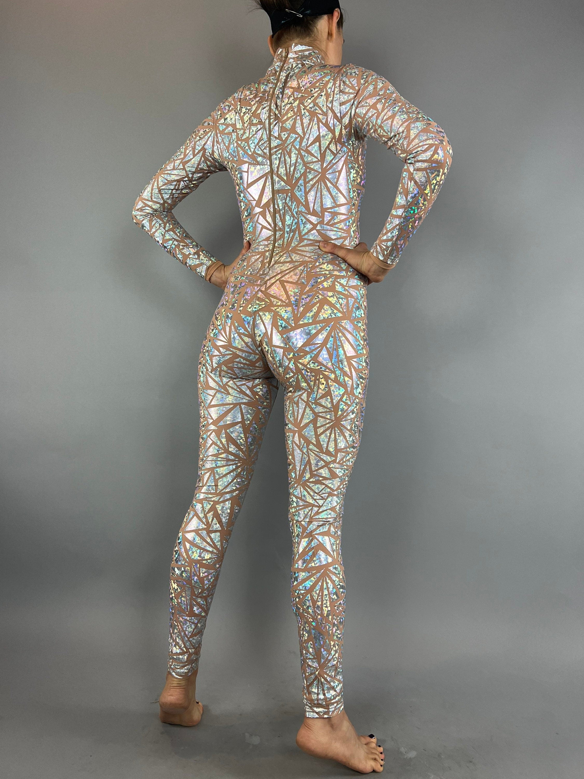 Silver Rhinestone Triangle Catsuit Costume, Shiny Bodysuit, Full Sleeves, Turtleneck