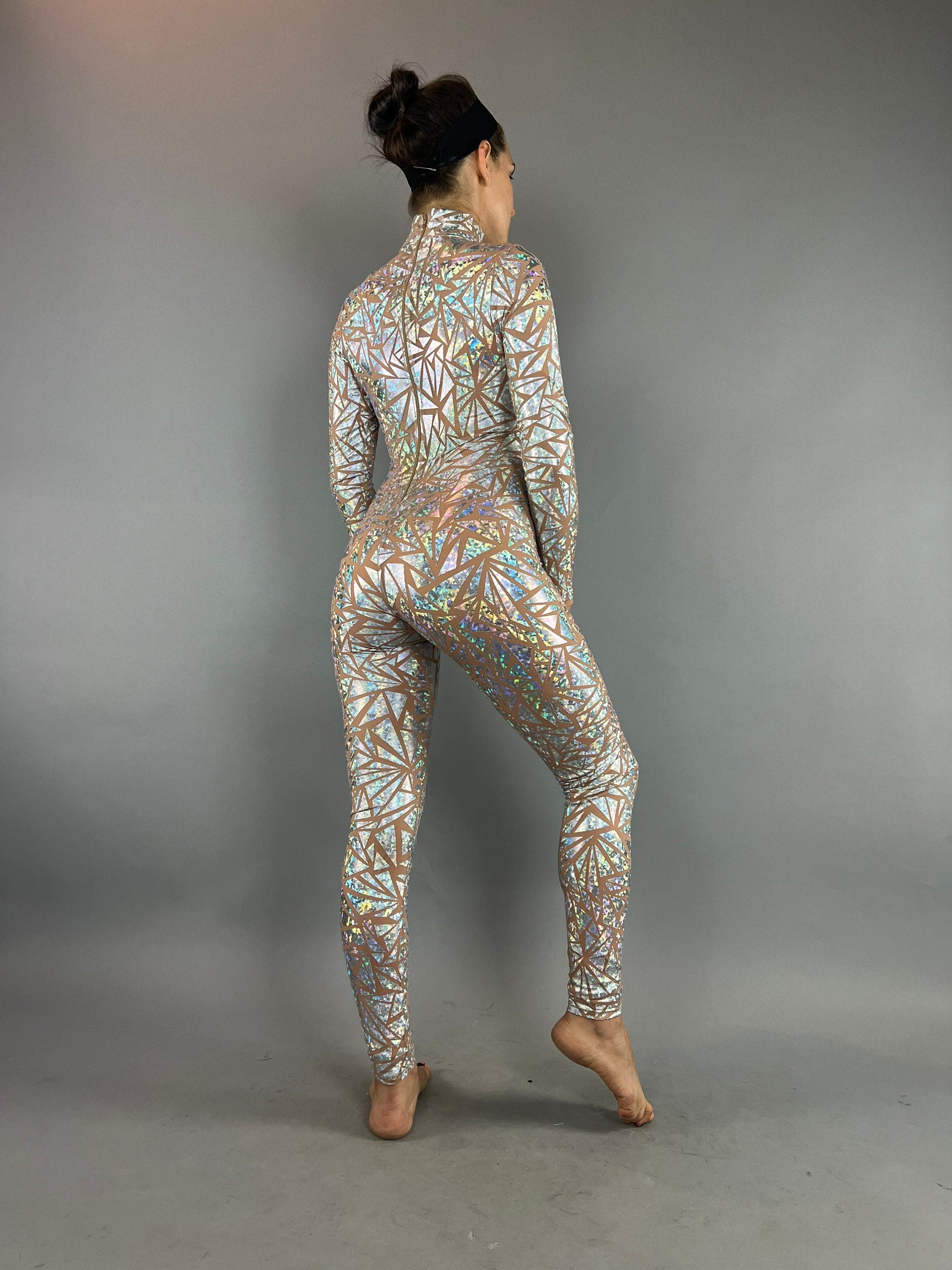 Silver Rhinestone Triangle Catsuit Costume, Shiny Bodysuit, Full Sleeves, Turtleneck