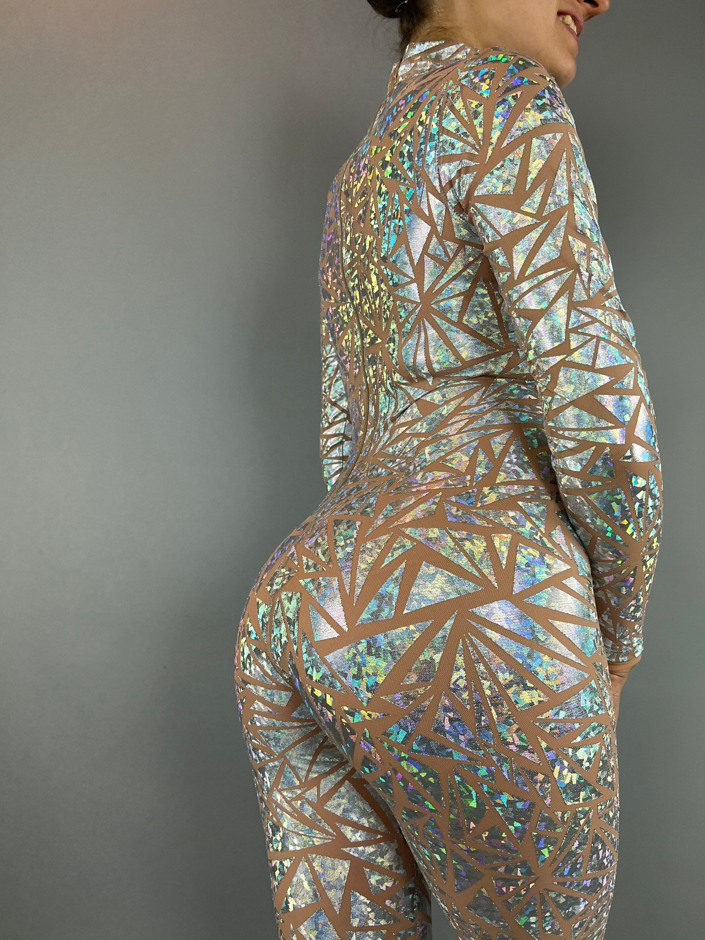 Silver Rhinestone Triangle Catsuit Costume, Shiny Bodysuit, Full Sleeves, Turtleneck