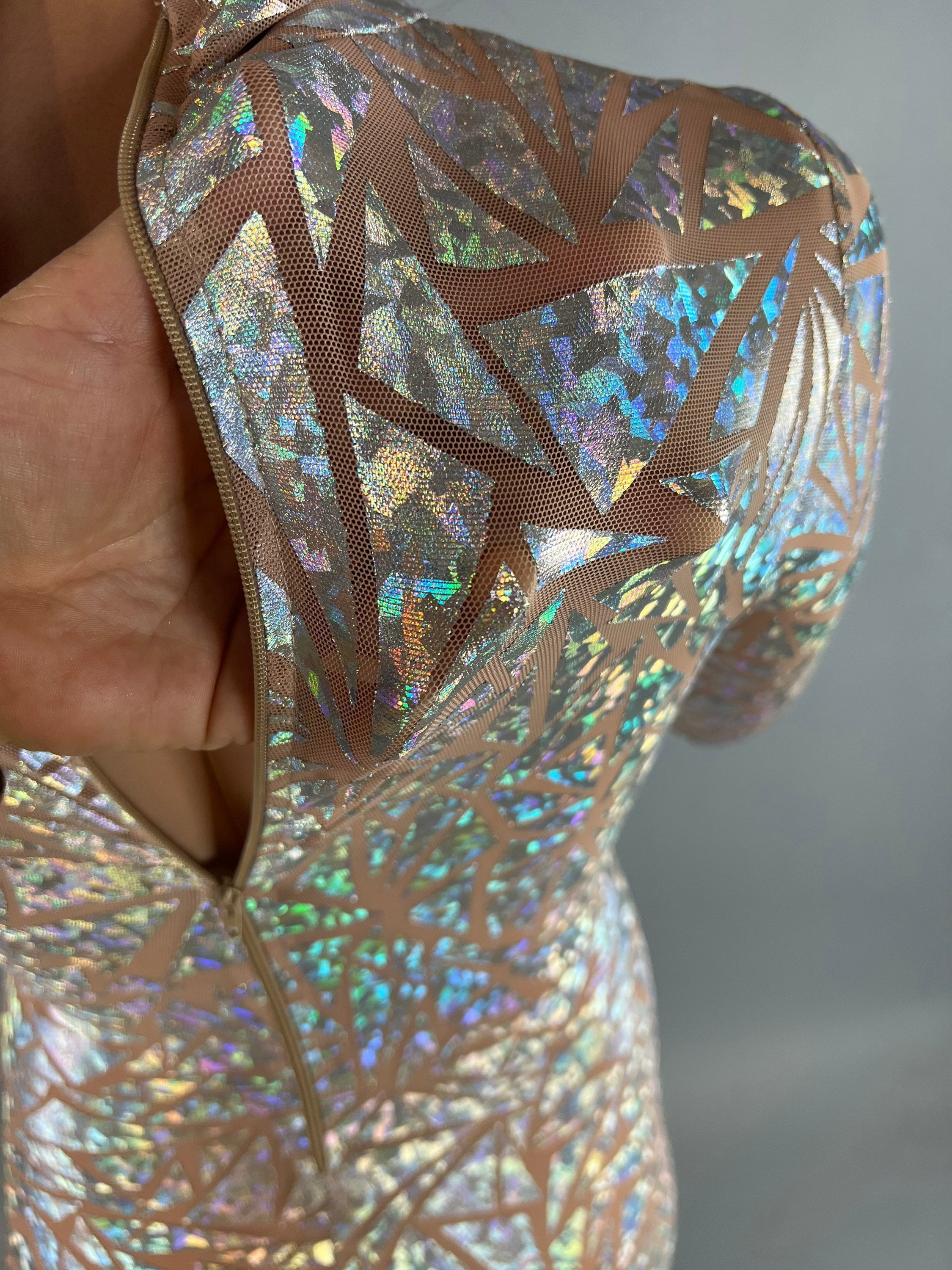 Silver Rhinestone Triangle Catsuit Costume, Shiny Bodysuit, Full Sleeves, Turtleneck