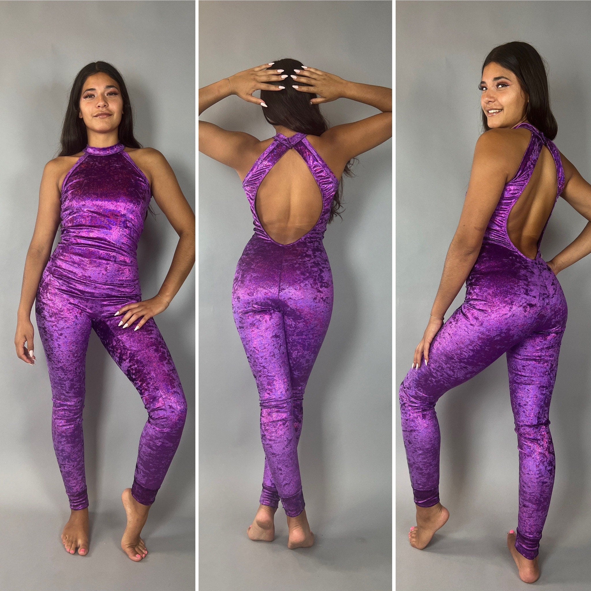 Beautiful Purple Velvet Catsuit, Halterneck, Open-Back, Sleeveless