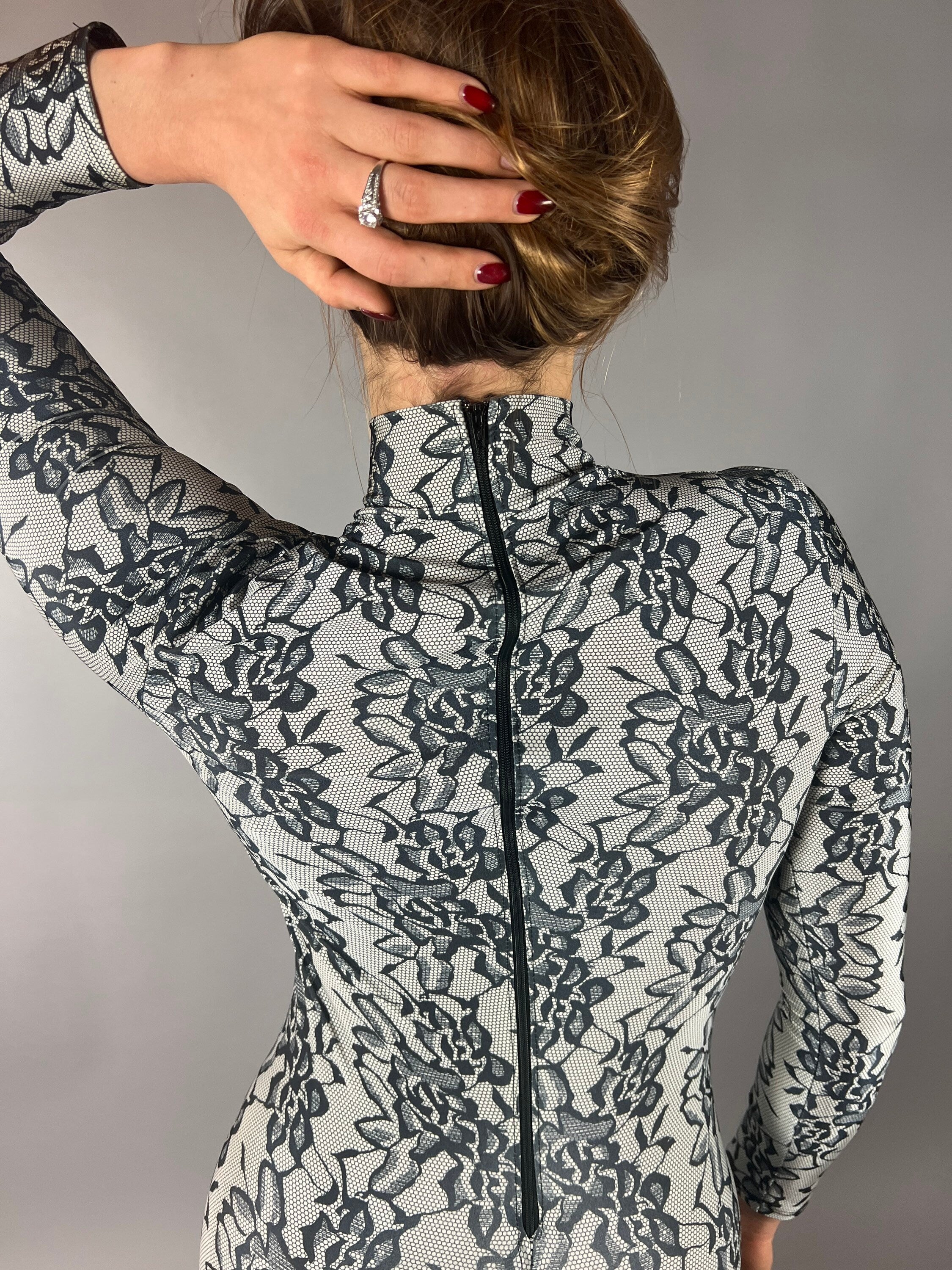 Floral Spandex Catsuit, High Neckline, Full Arm Coverage