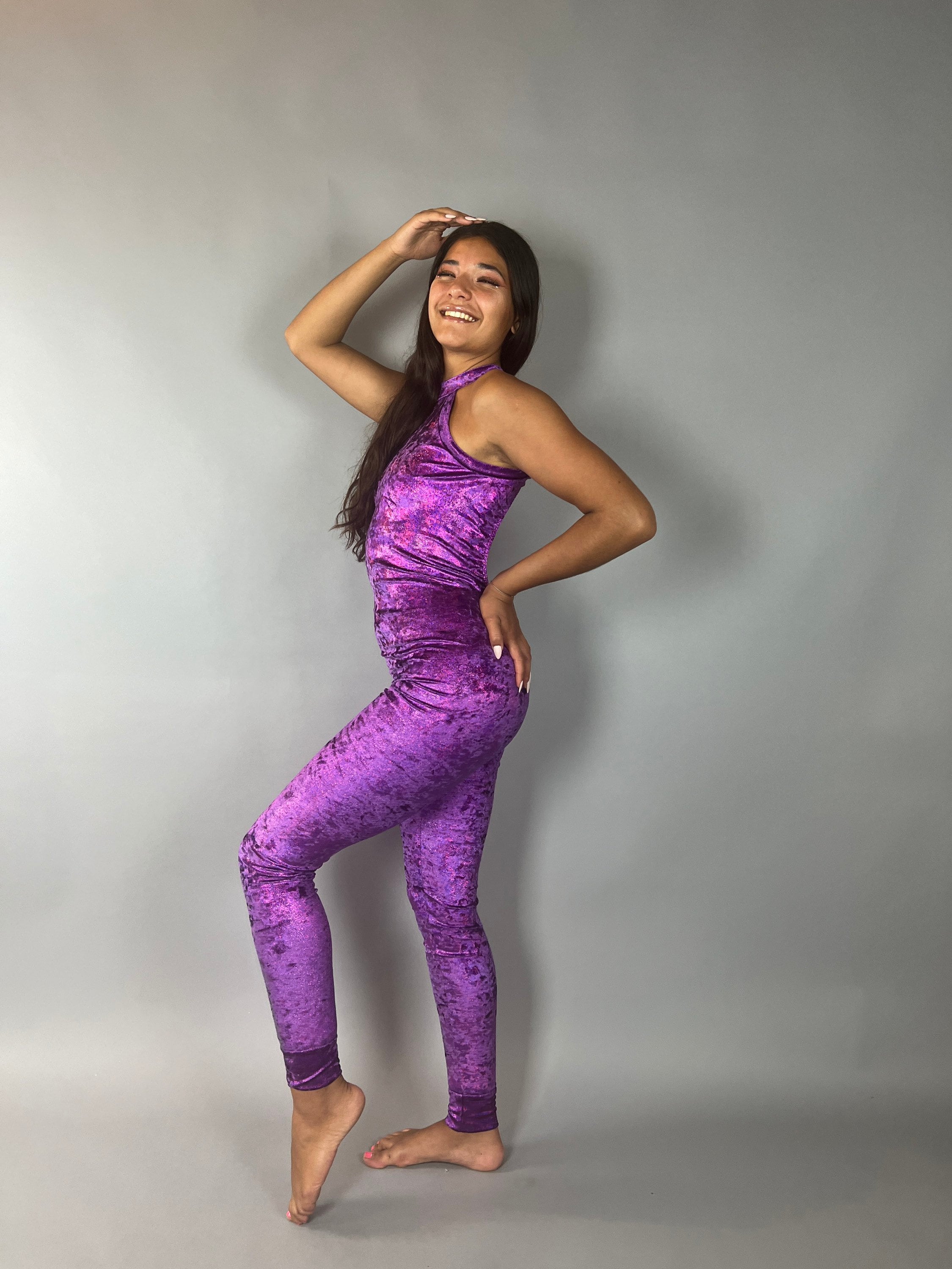 Beautiful Purple Velvet Catsuit, Halterneck, Open-Back, Sleeveless