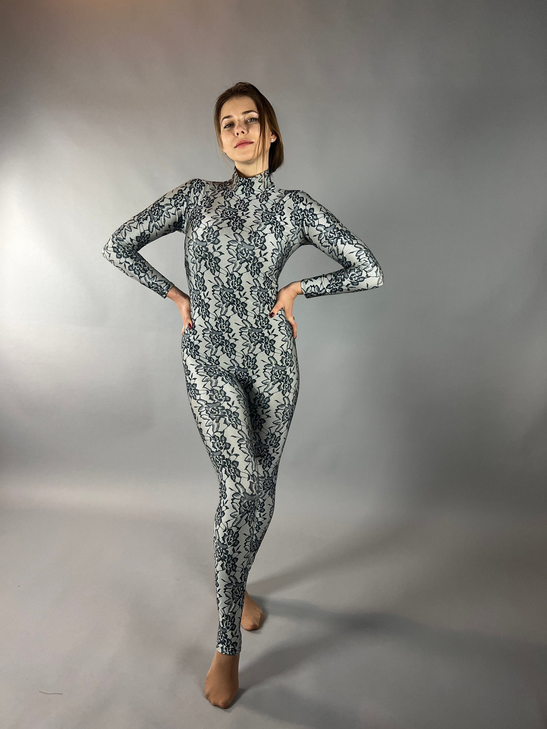 Floral Spandex Catsuit, High Neckline, Full Arm Coverage