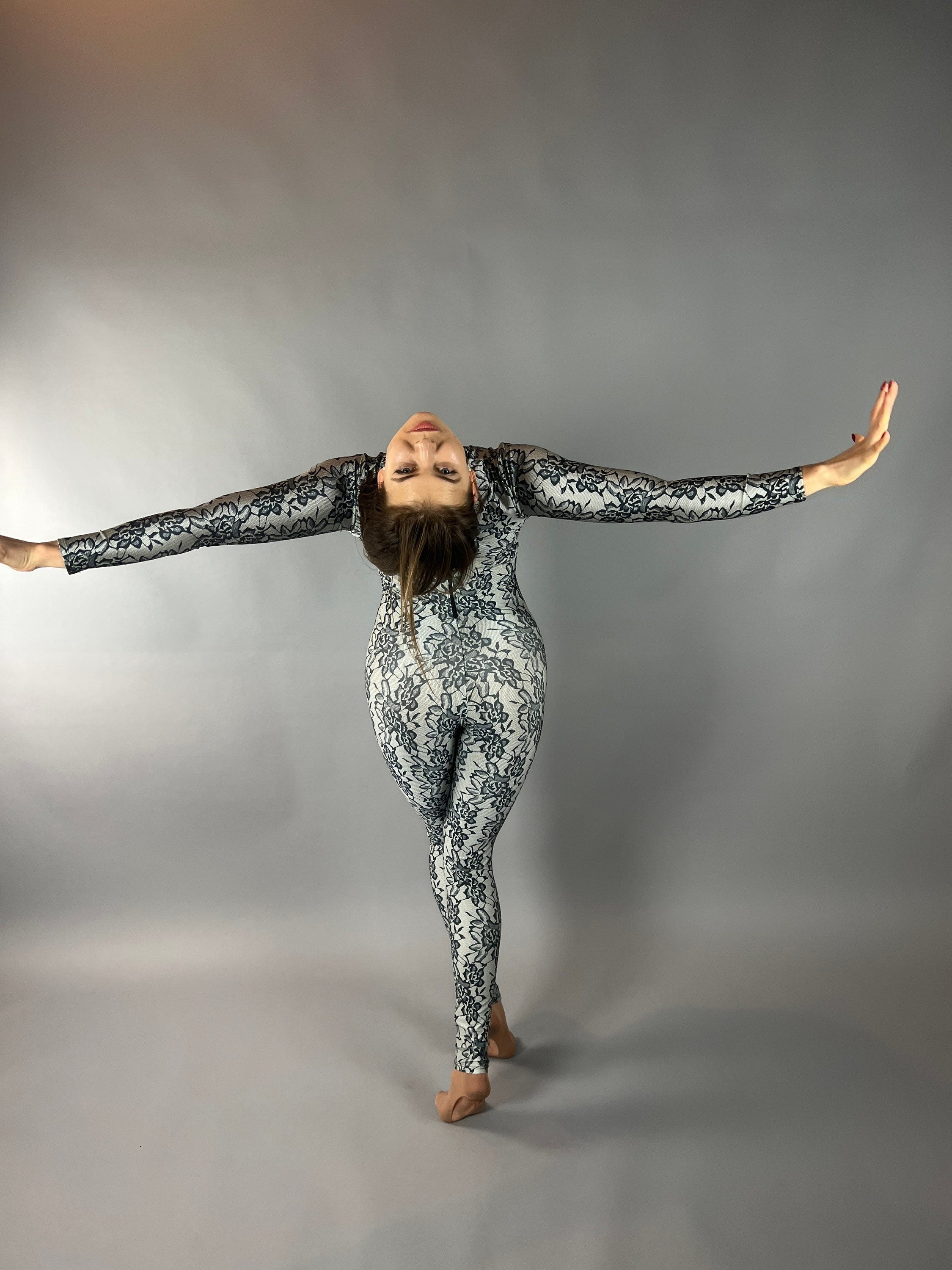 Floral Spandex Catsuit, High Neckline, Full Arm Coverage