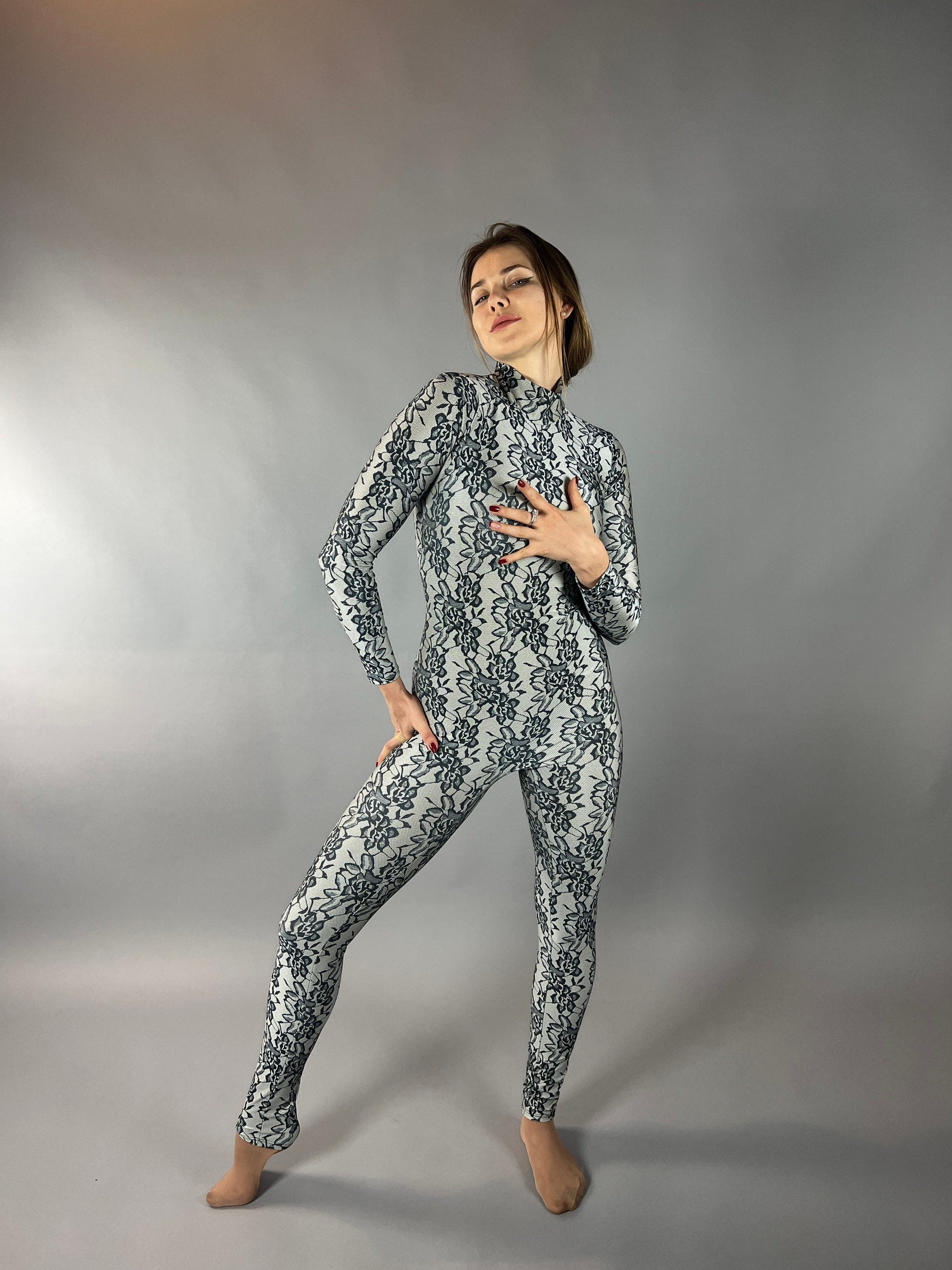 Floral Spandex Catsuit, High Neckline, Full Arm Coverage
