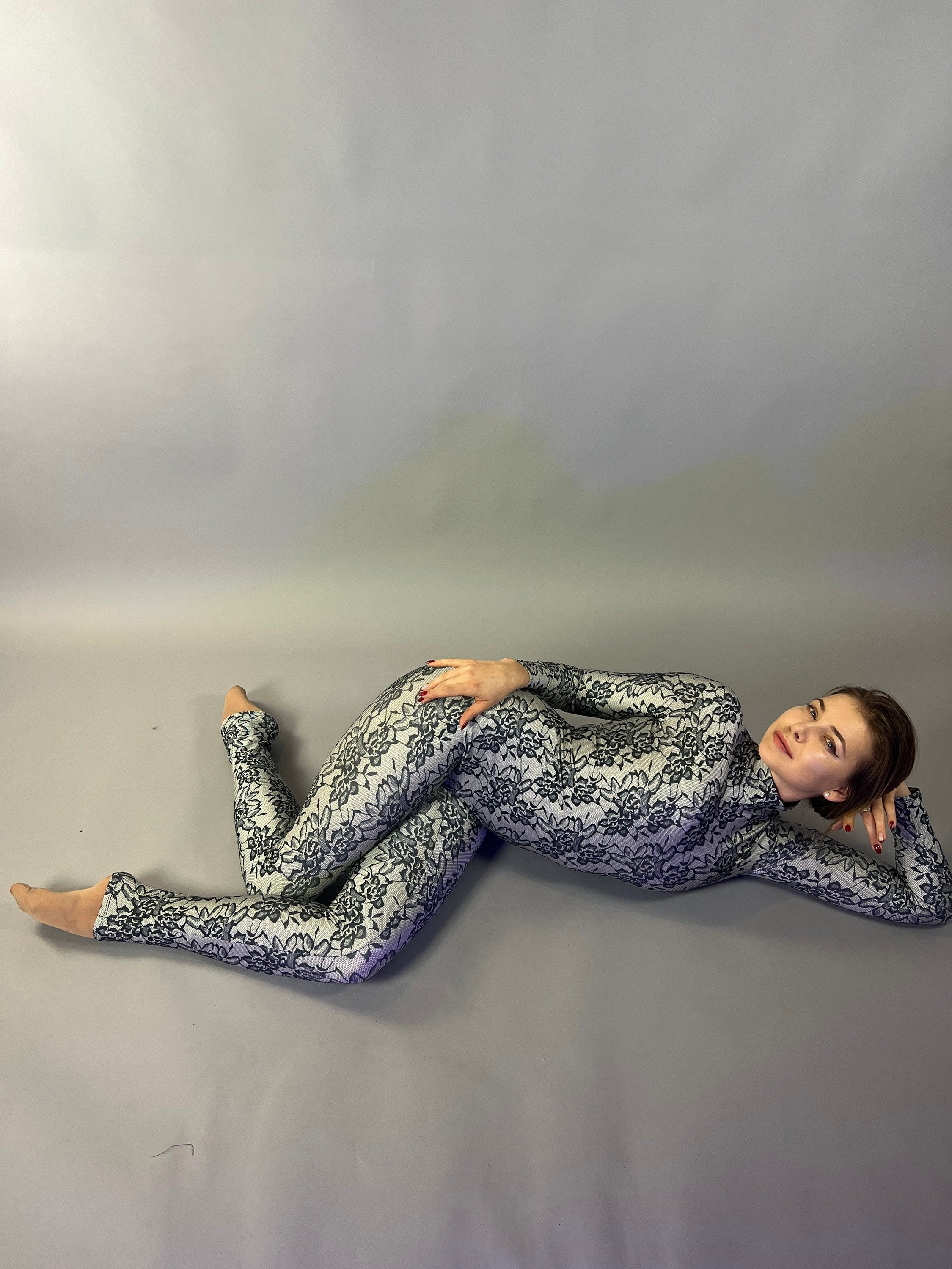 Floral Spandex Catsuit, High Neckline, Full Arm Coverage