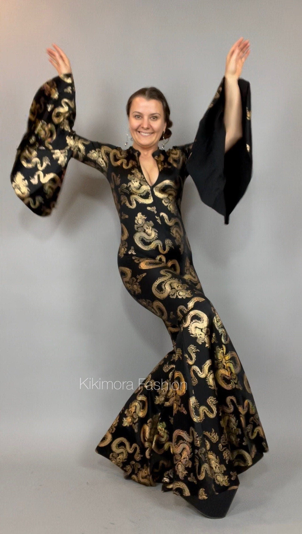 Black Gold Dragon Jumpsuit, Bell Bottom Catsuit, 70s Disco Outfit, Flare Sleeve Bodysuit, Retro Party Wear, Zipper Front Unitard Black Gold Dragon Jumpsuit, Bell Bottom Catsuit, 70s Disco Outfit, Flare Sleeve Bodysuit, Retro Party Wear, Zipper Front Unitard