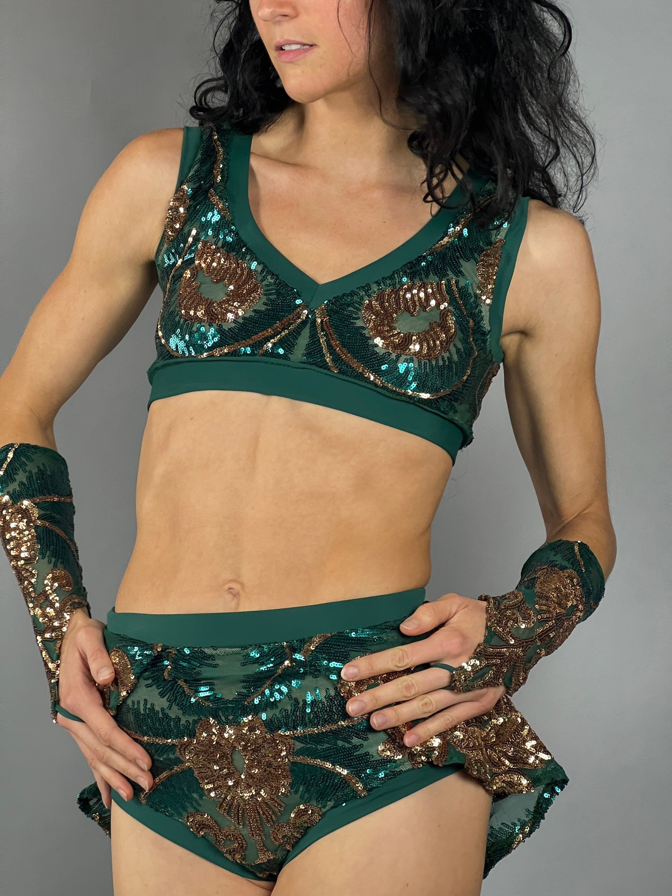 Green and Gold Sequin Crop Top and Bottom Set, V-Neck Crop Top, Shorts With Half-Skirt, Hand Accessories