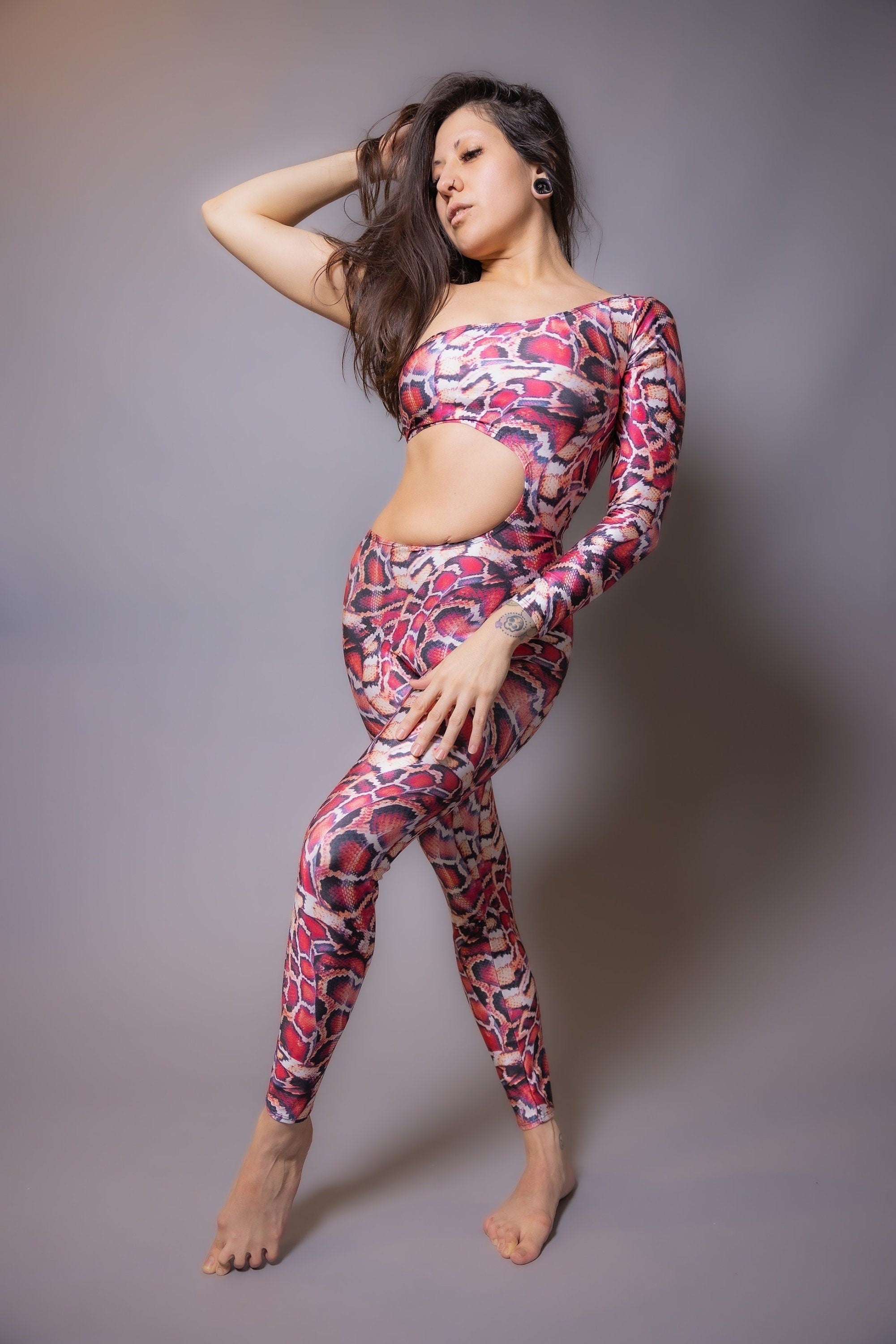 Red Snake-Print Isolated Catsuit, Cutout on Waist, Lycra Jumpsuit