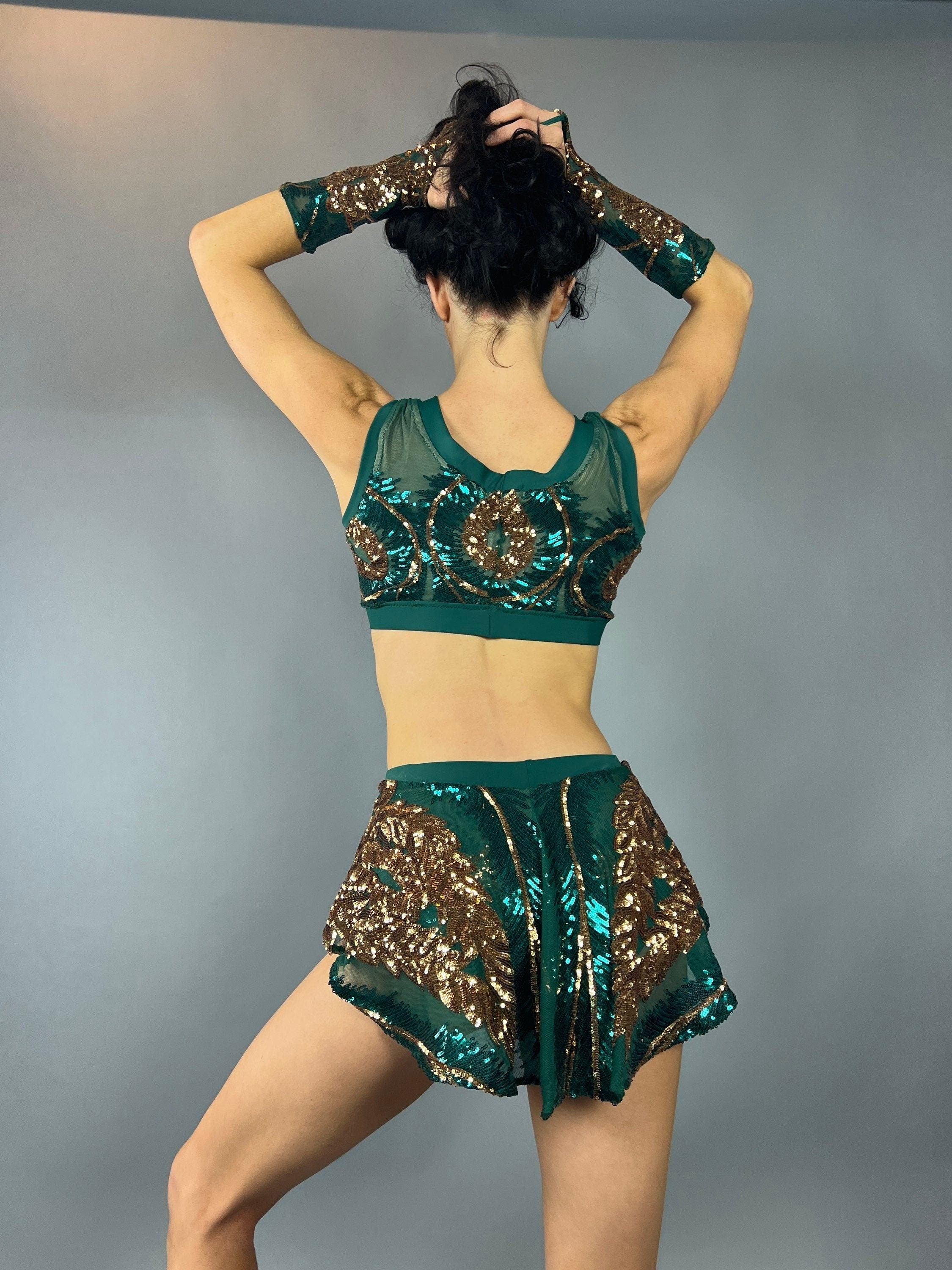 Green and Gold Sequin Crop Top and Bottom Set, V-Neck Crop Top, Shorts With Half-Skirt, Hand Accessories