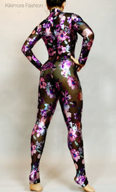 Night Bloom Floral Sheer Black Catsuit, Sheer Bodysuit, Turtleneck, Full Sleeves