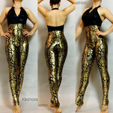 Black and Gold Sleeveless Catsuit, Halterneck, Backless, Sleeveless