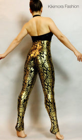 Black and Gold Sleeveless Catsuit, Halterneck, Backless, Sleeveless