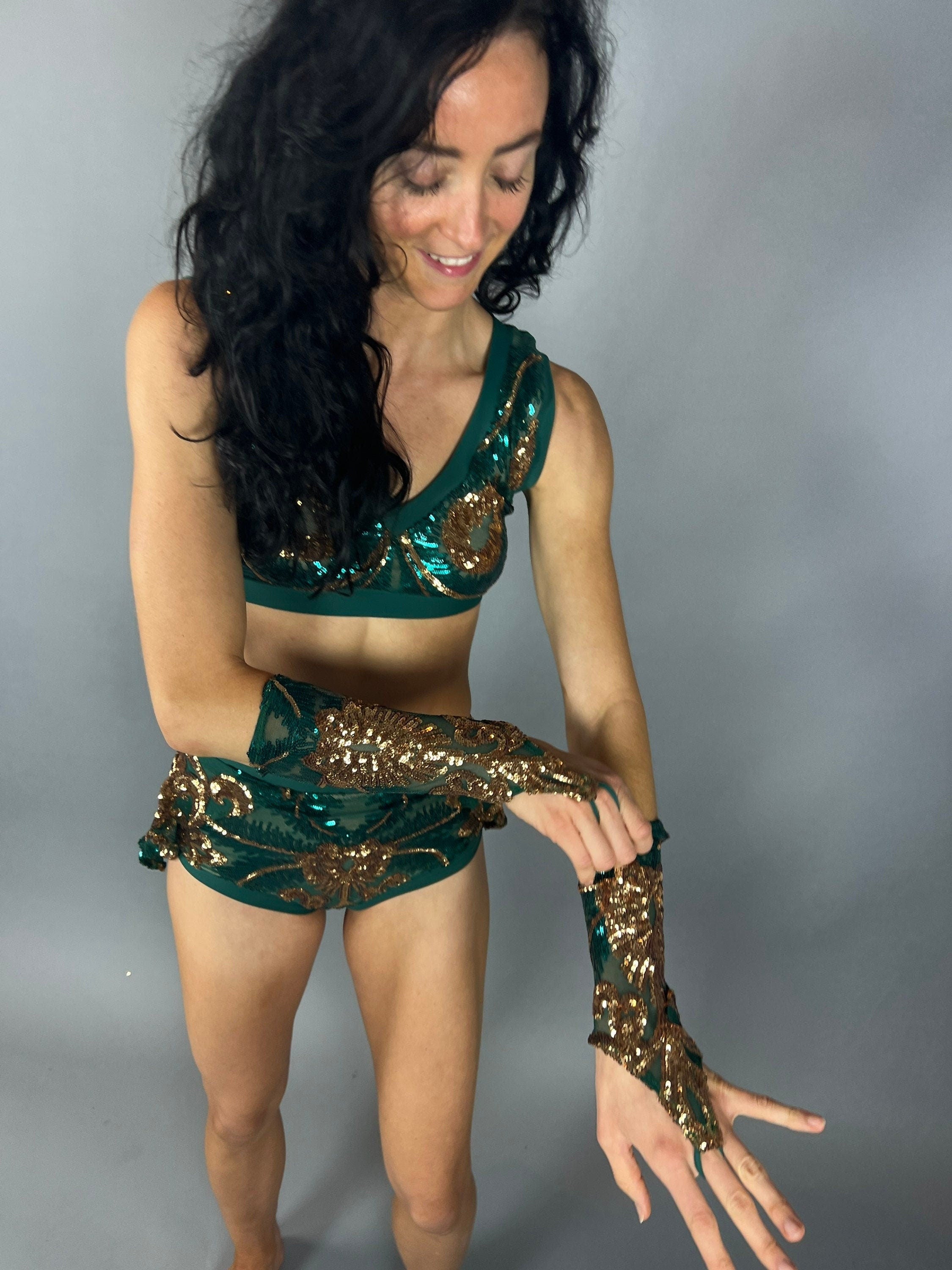 Green and Gold Sequin Crop Top and Bottom Set, V-Neck Crop Top, Shorts With Half-Skirt, Hand Accessories