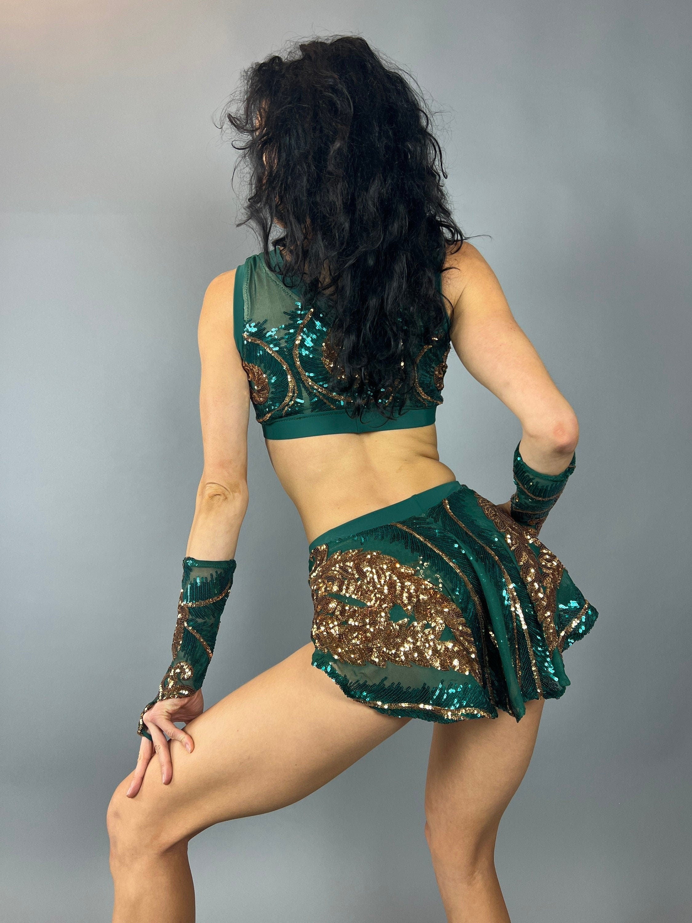 Green and Gold Sequin Crop Top and Bottom Set, V-Neck Crop Top, Shorts With Half-Skirt, Hand Accessories
