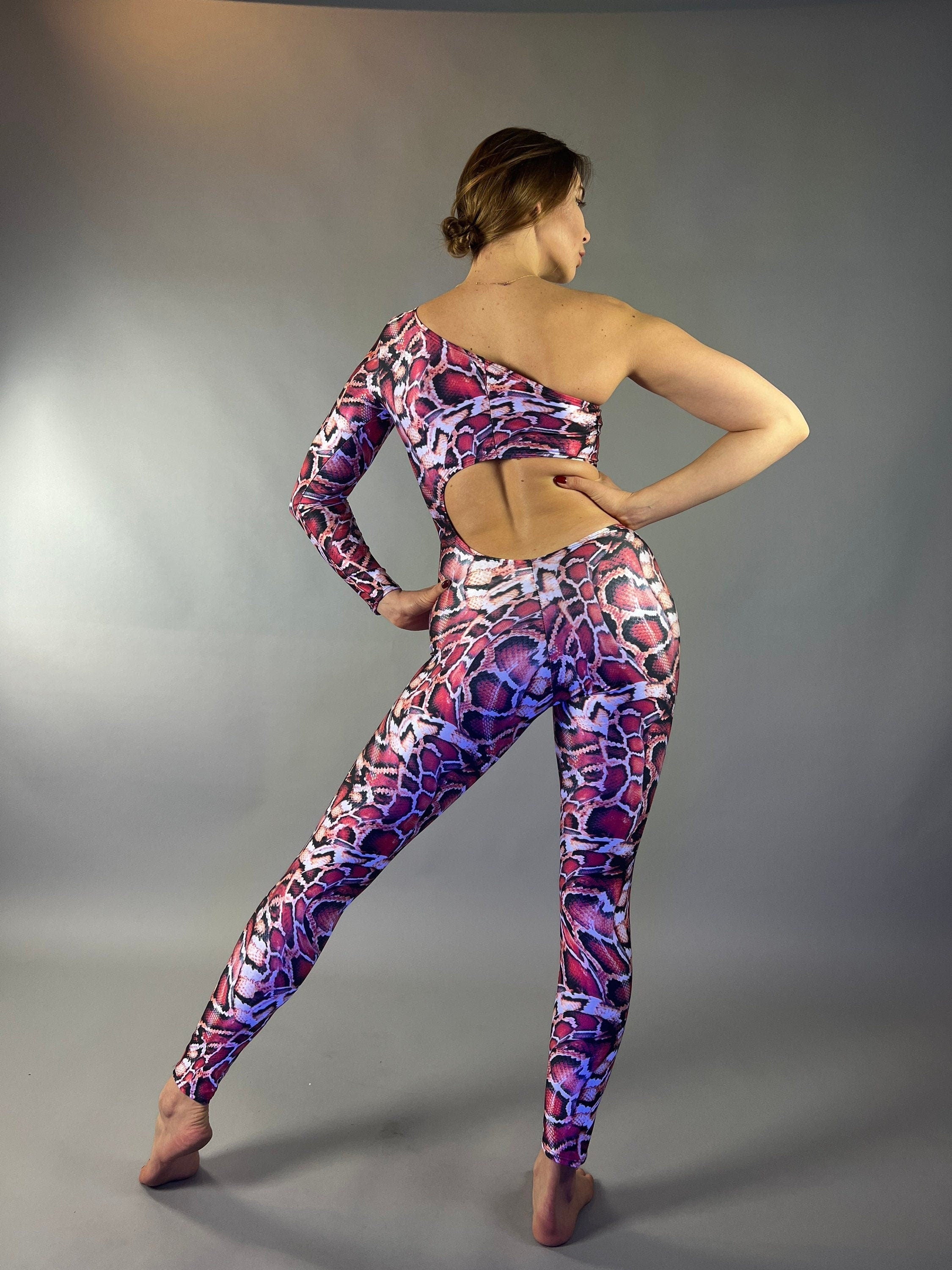 Red Snake-Print Isolated Catsuit, Cutout on Waist, Lycra Jumpsuit