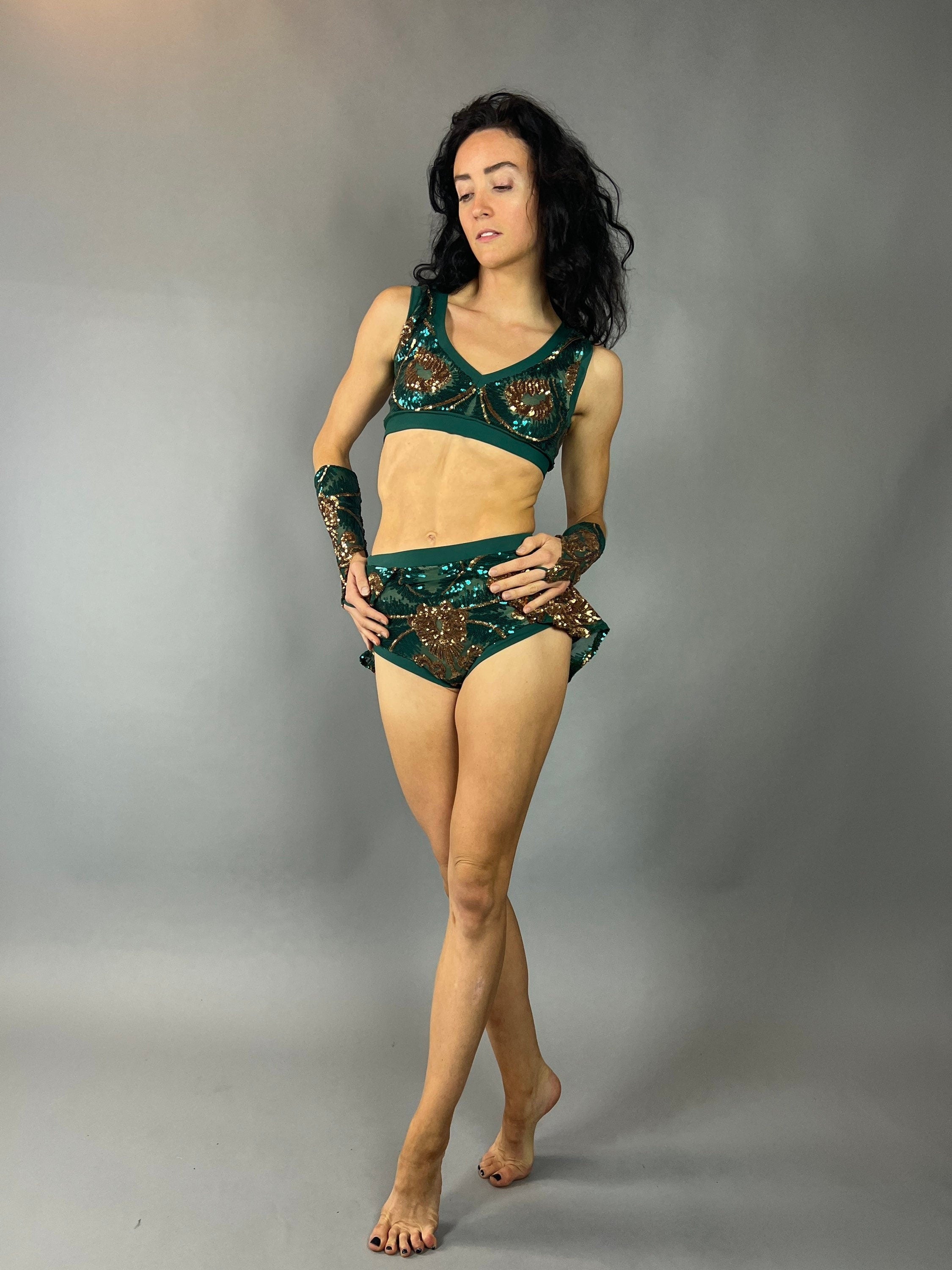 Green and Gold Sequin Crop Top and Bottom Set, V-Neck Crop Top, Shorts With Half-Skirt, Hand Accessories