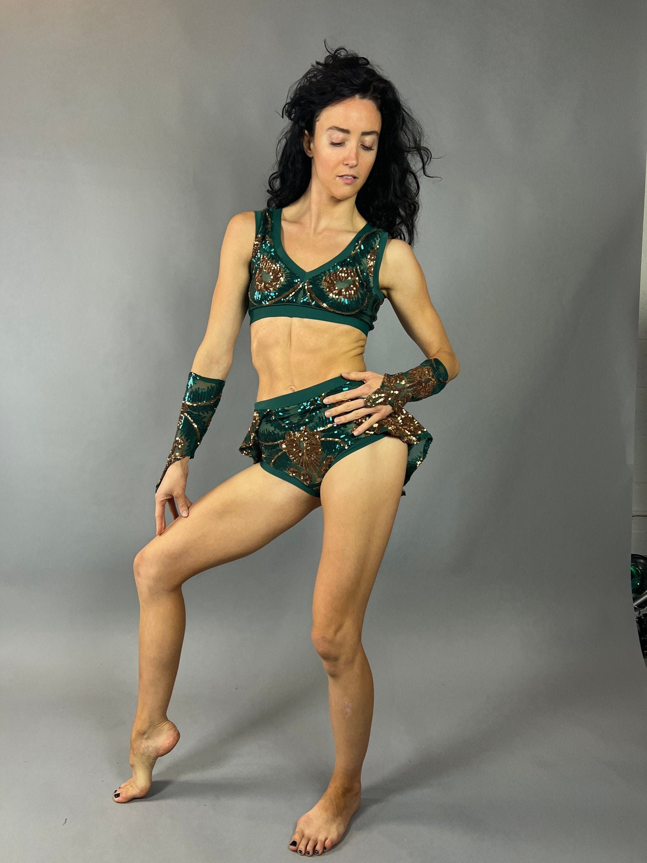 Green and Gold Sequin Crop Top and Bottom Set, V-Neck Crop Top, Shorts With Half-Skirt, Hand Accessories