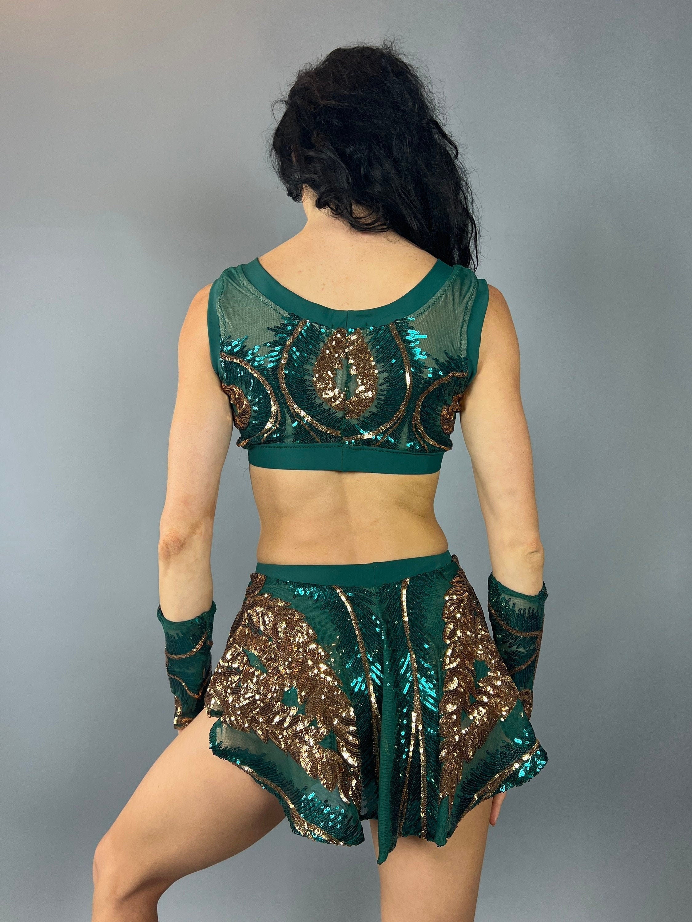 Green and Gold Sequin Crop Top and Bottom Set, V-Neck Crop Top, Shorts With Half-Skirt, Hand Accessories