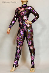 Night Bloom Floral Sheer Black Catsuit, Sheer Bodysuit, Turtleneck, Full Sleeves