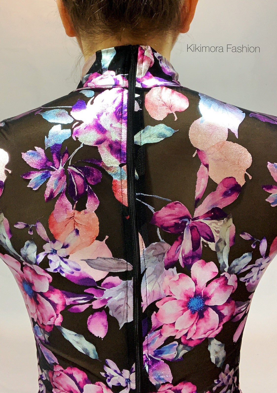 Night Bloom Floral Sheer Black Catsuit, Sheer Bodysuit, Turtleneck, Full Sleeves
