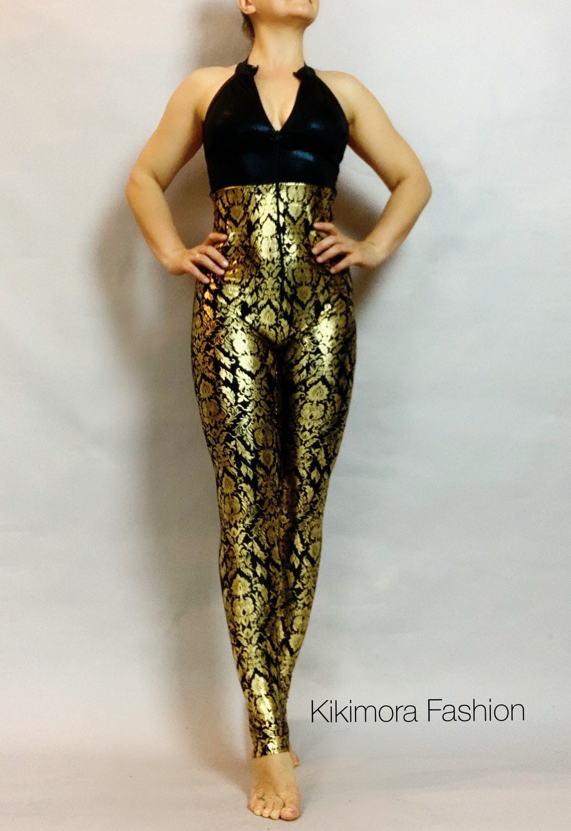 Black and Gold Sleeveless Catsuit, Halterneck, Backless, Sleeveless