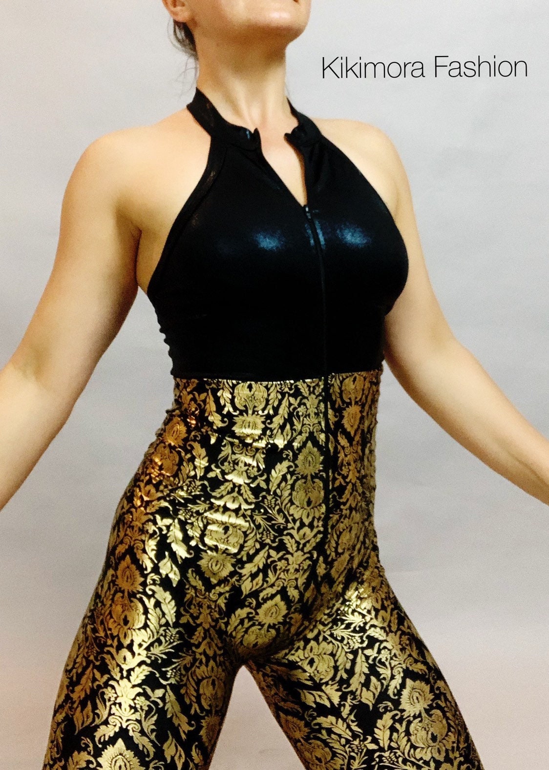 Black and Gold Sleeveless Catsuit, Halterneck, Backless, Sleeveless