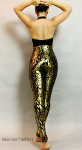 Black and Gold Sleeveless Catsuit, Halterneck, Backless, Sleeveless