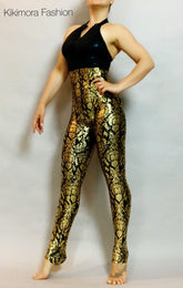 Black and Gold Sleeveless Catsuit, Halterneck, Backless, Sleeveless