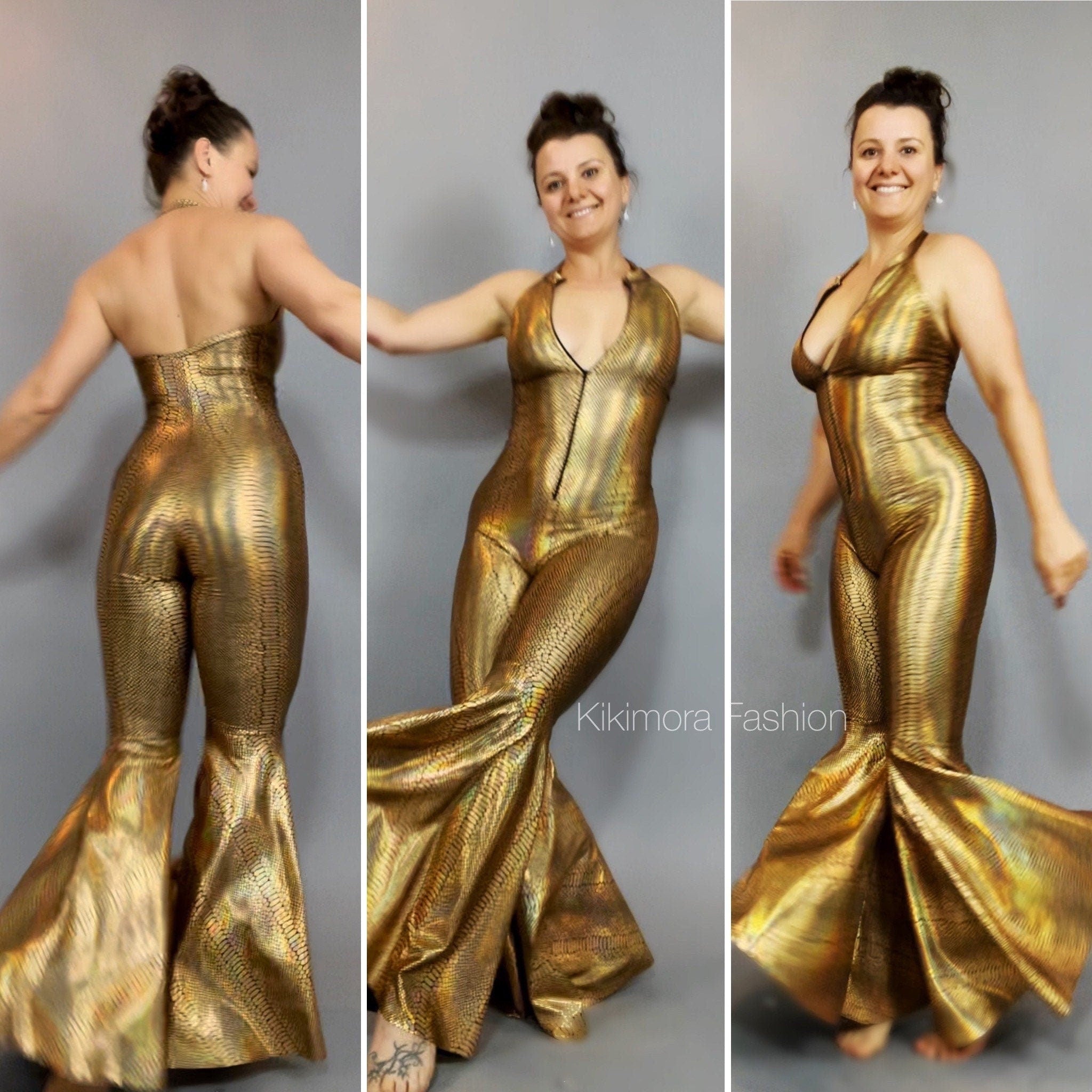 Golden Bell Bottom Jumpsuit, Halterneck, Backless, Sleeveless
