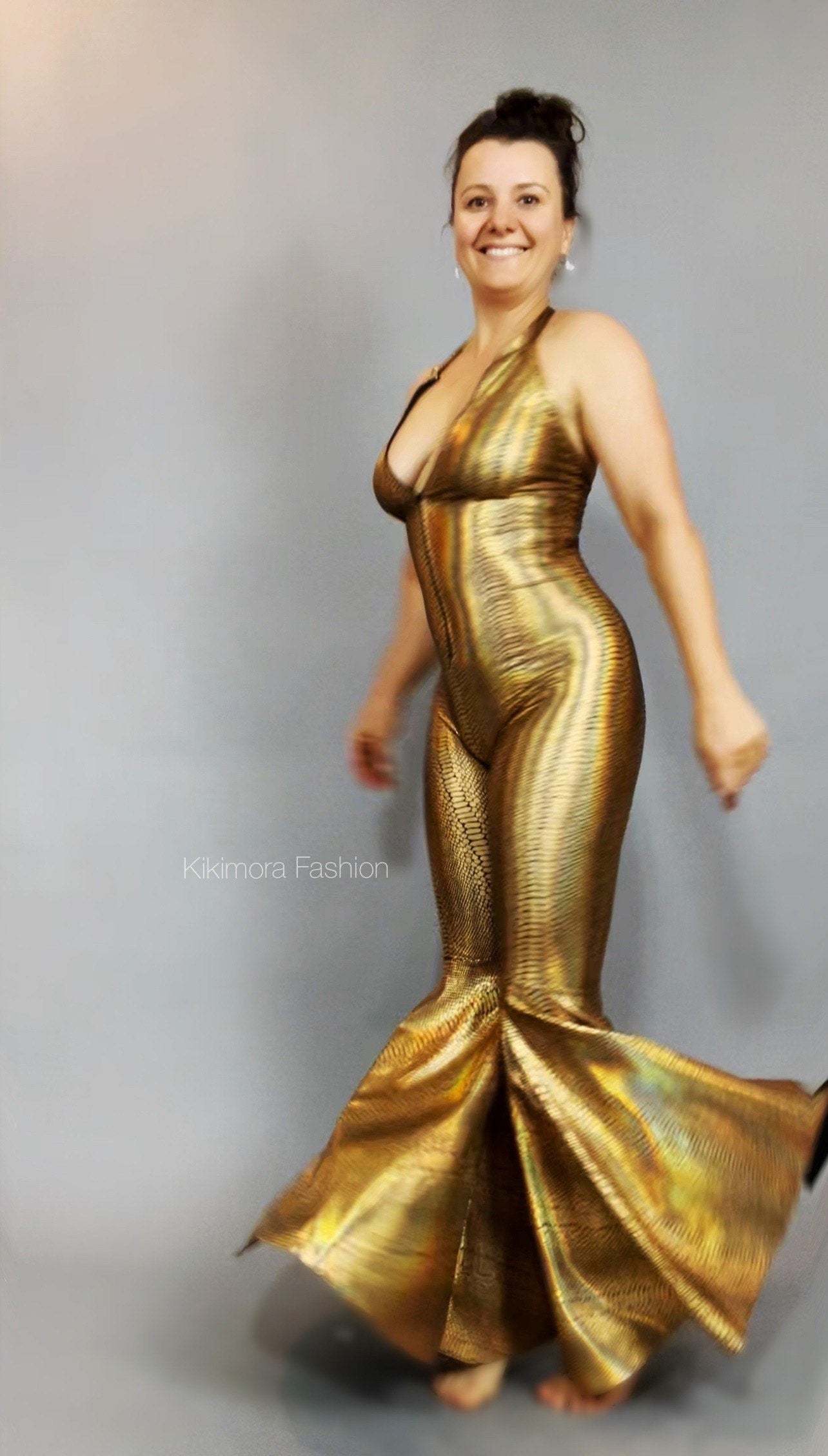 Golden Bell Bottom Jumpsuit, Halterneck, Backless, Sleeveless