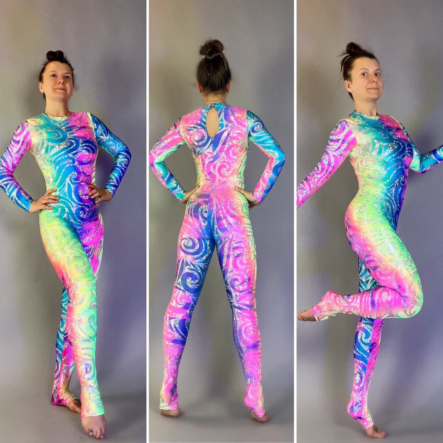 Rainbow Lycra Catsuit, Round Mock Neckline, Long Sleeves