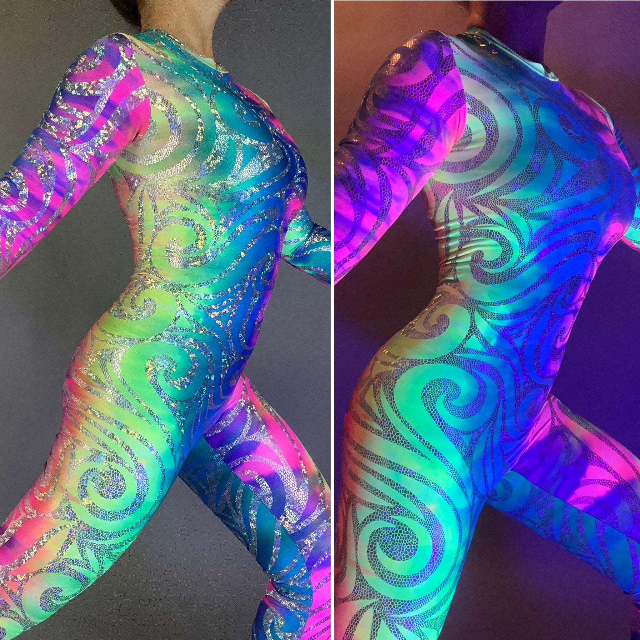 Rainbow Spandex Catsuit, Round Mock Neckline, Long Sleeves