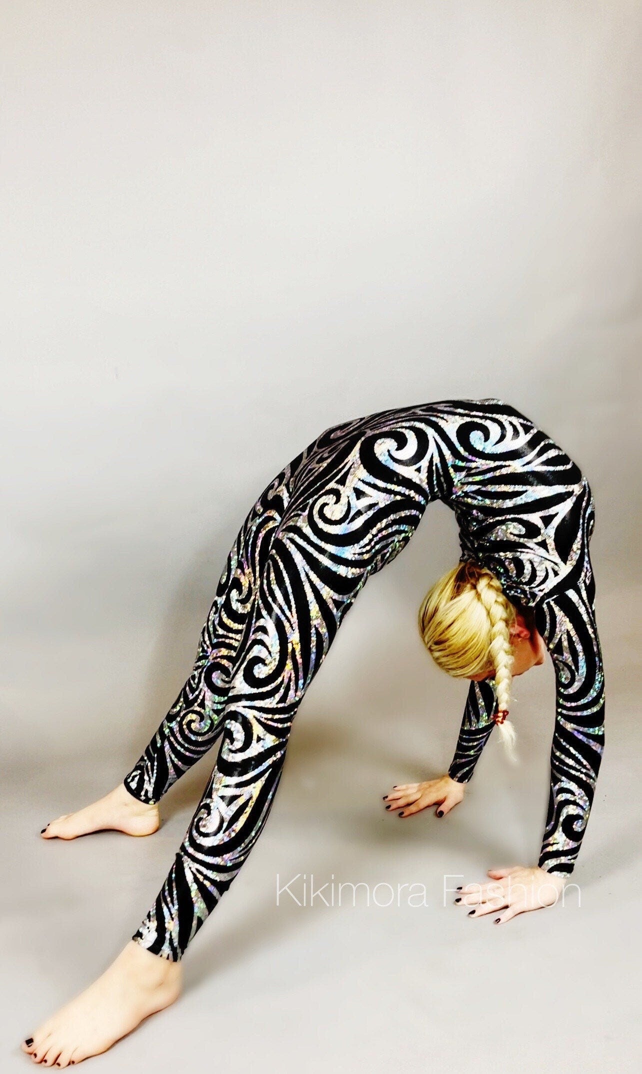 Black Swirl On Holographic Catsuit, Scoop Neck, Full Sleeves