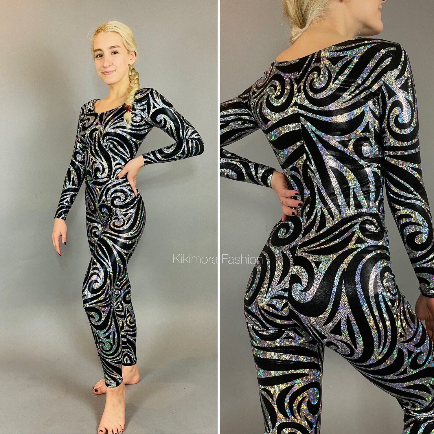 Black Swirl On Holographic Catsuit, Scoop Neck, Full Sleeves