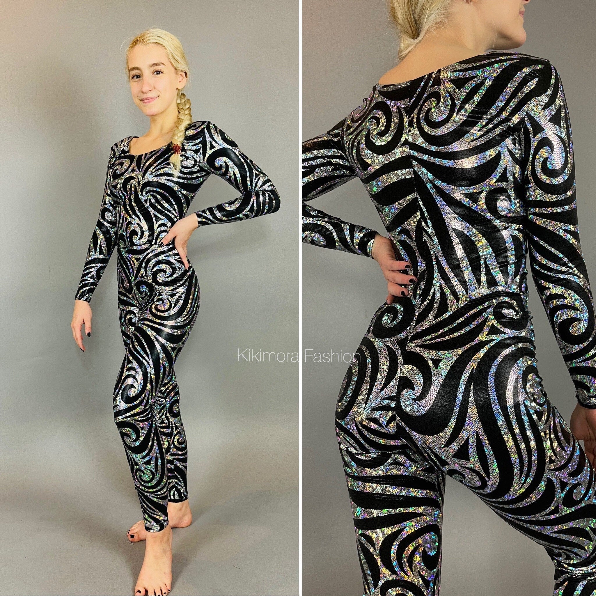 Black Swirl On Holographic Catsuit, Scoop Neck, Full Sleeves