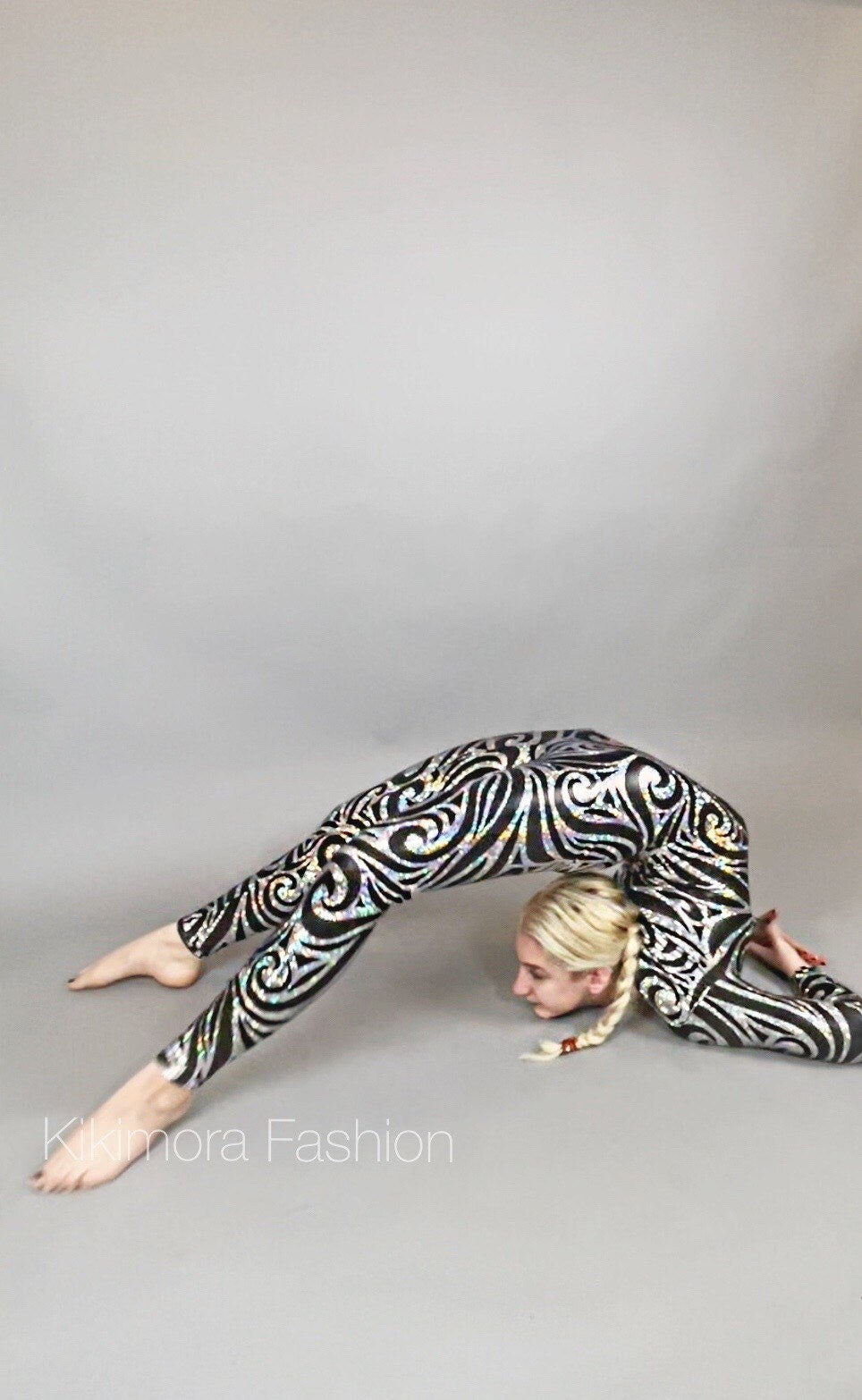 Black Swirl On Holographic Catsuit, Scoop Neck, Full Sleeves