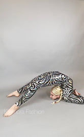 Black Swirl On Holographic Catsuit, Scoop Neck, Full Sleeves