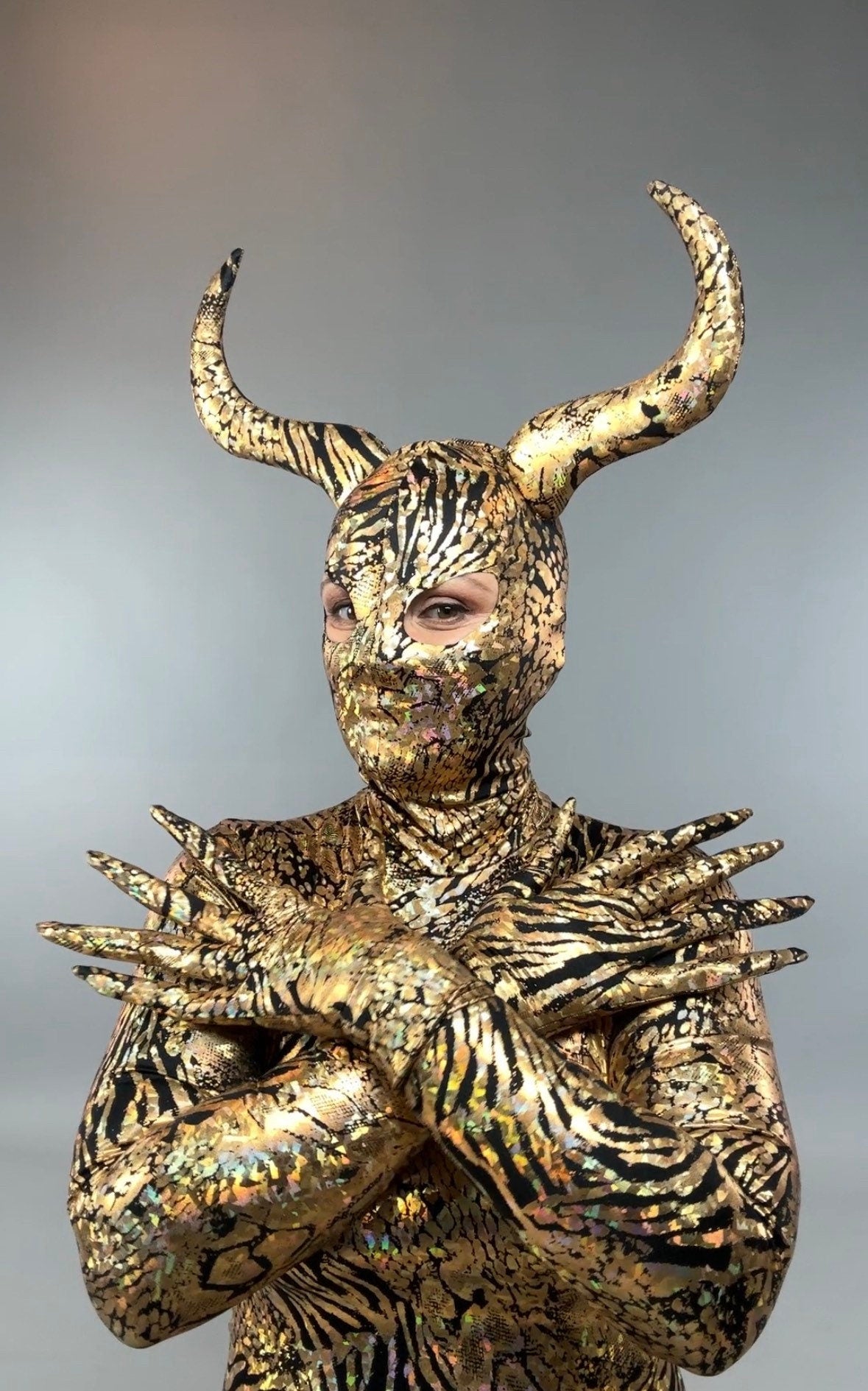 Gold & Black Gazelle Creature Costume, Full Sleeve Catsuit With Headdress, Gloves, Socks