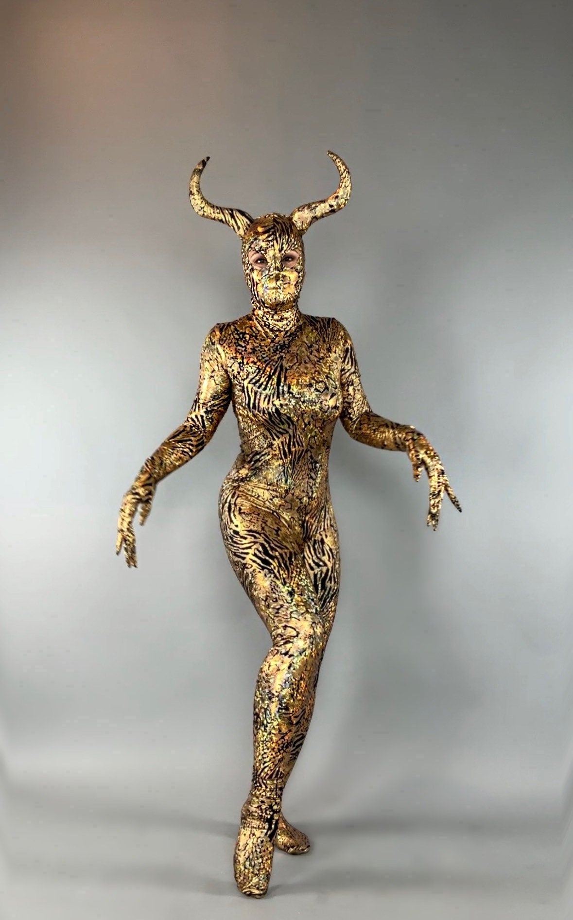 Gold & Black Gazelle Creature Costume, Full Sleeve Catsuit With Headdress, Gloves, Socks