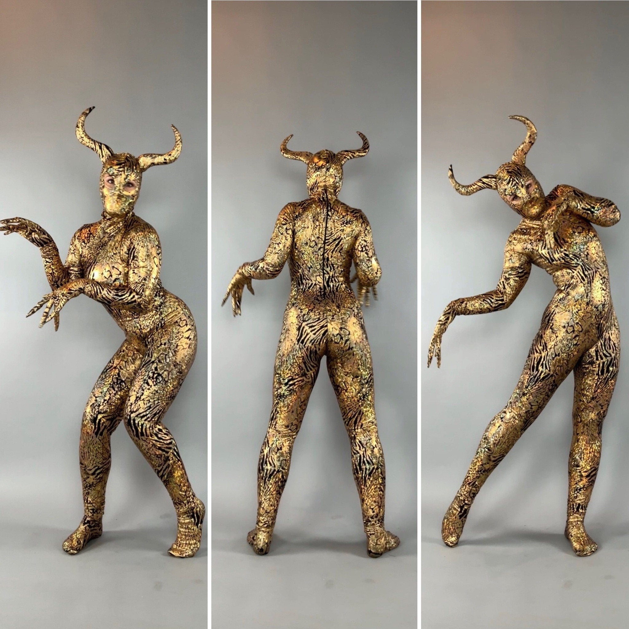 Gold & Black Gazelle Creature Costume, Full Sleeve Catsuit With Headdress, Gloves, Socks